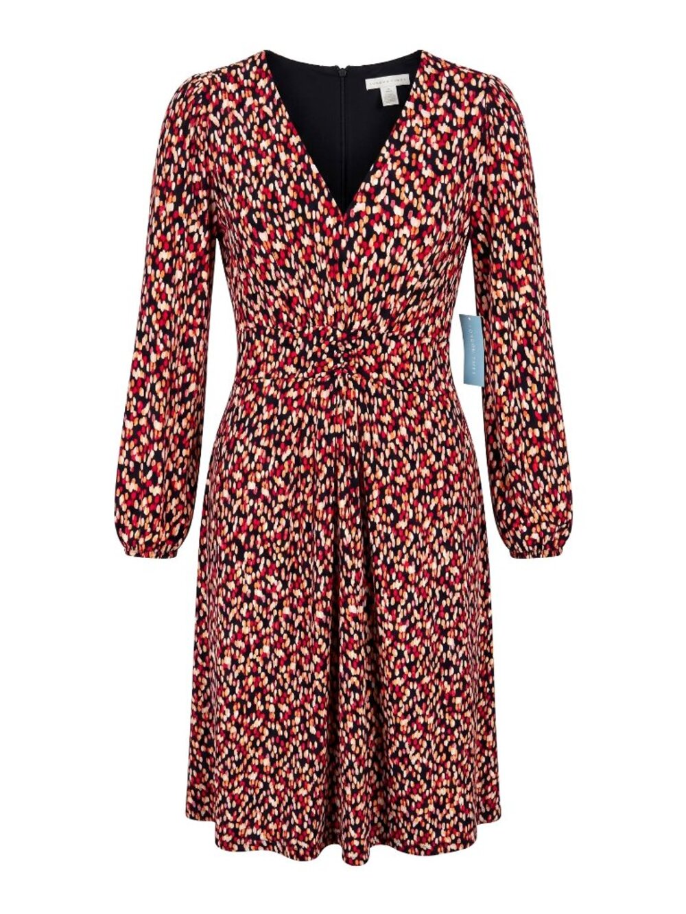 London Times Womens 14 Ruched Empire Waist Midi Dress Long Sleeve Multicolor NWT